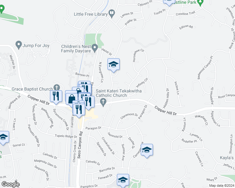 map of restaurants, bars, coffee shops, grocery stores, and more near 22565 Pecan Place in Santa Clarita