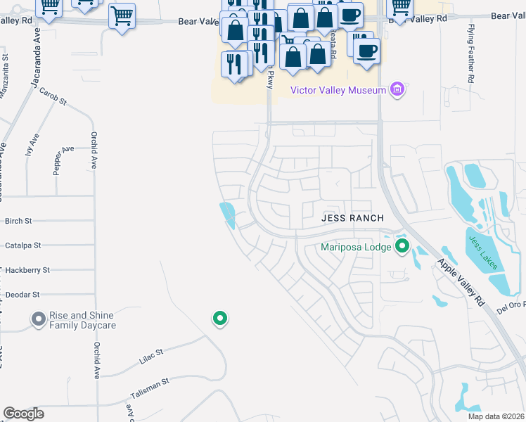 map of restaurants, bars, coffee shops, grocery stores, and more near 11565 Oak Street in Apple Valley