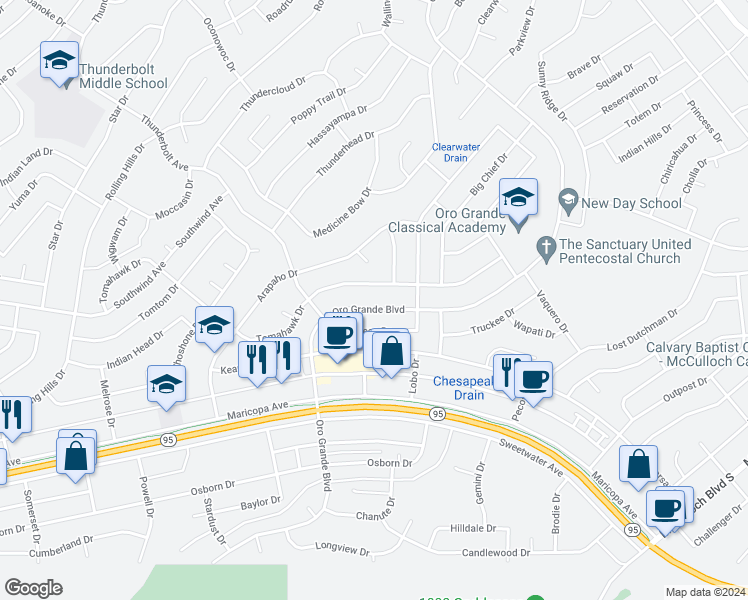map of restaurants, bars, coffee shops, grocery stores, and more near 3321 Oro Grande Boulevard in Lake Havasu City