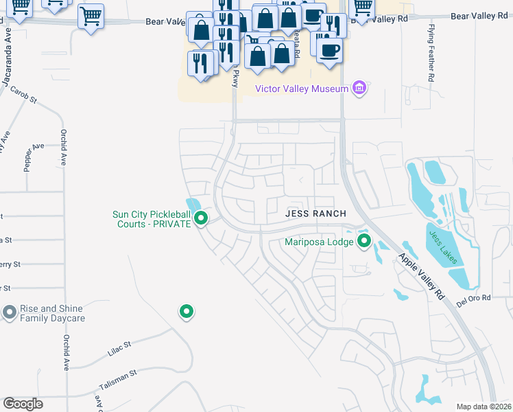 map of restaurants, bars, coffee shops, grocery stores, and more near 11571 Park Lane in Apple Valley