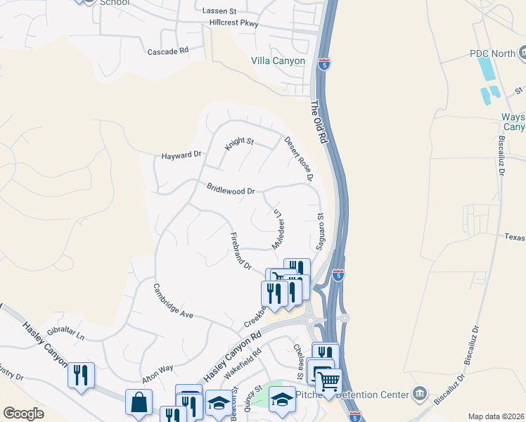 map of restaurants, bars, coffee shops, grocery stores, and more near 27712 Lonestar Place in Castaic
