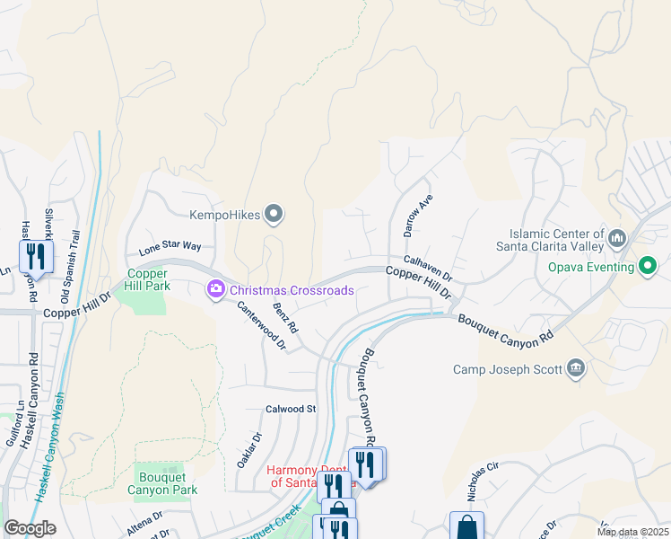 map of restaurants, bars, coffee shops, grocery stores, and more near 20643 Calhaven Drive in Santa Clarita