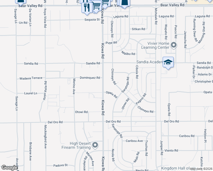 map of restaurants, bars, coffee shops, grocery stores, and more near 20938 Opata Road in Apple Valley
