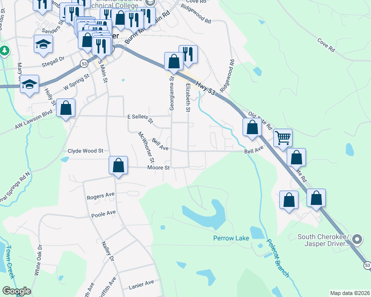 map of restaurants, bars, coffee shops, grocery stores, and more near 270 Bell Avenue in Jasper