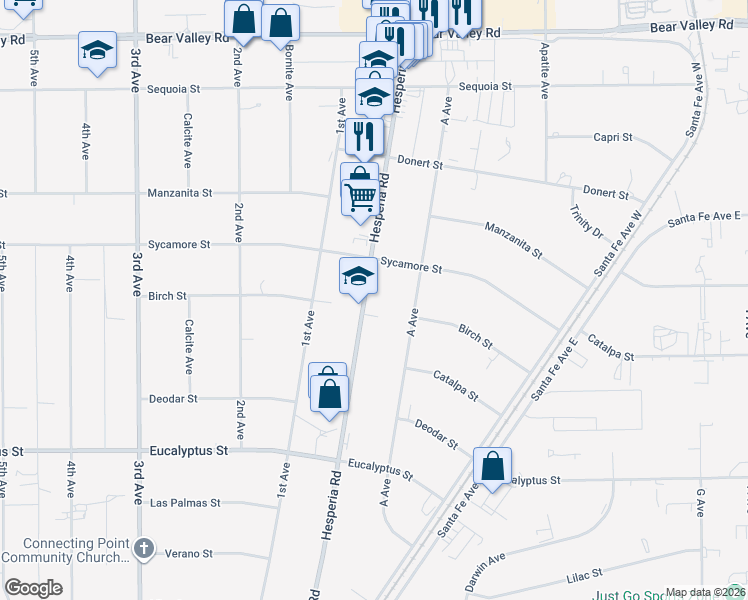 map of restaurants, bars, coffee shops, grocery stores, and more near 11563 Hesperia Road in Hesperia