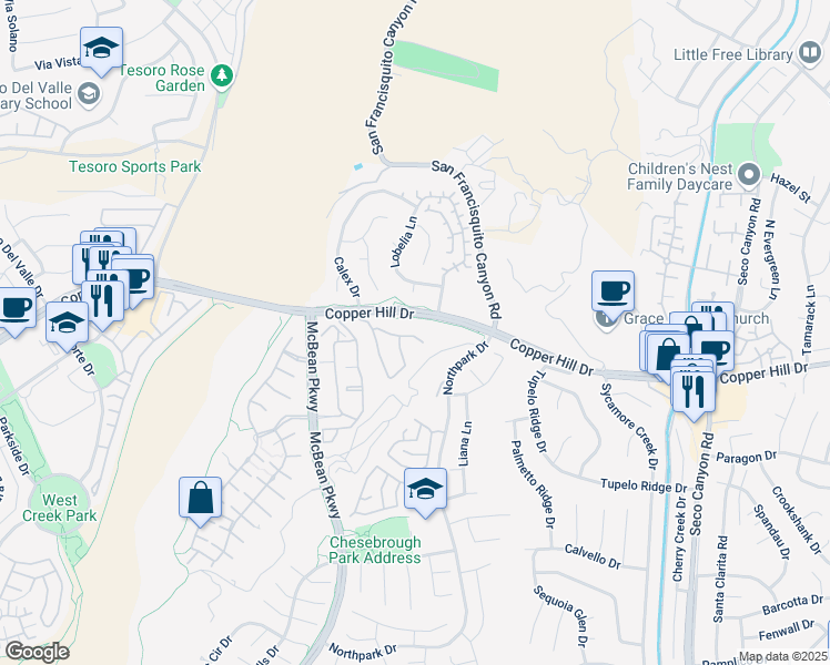 map of restaurants, bars, coffee shops, grocery stores, and more near 23449 Abbey Glen Place in Santa Clarita