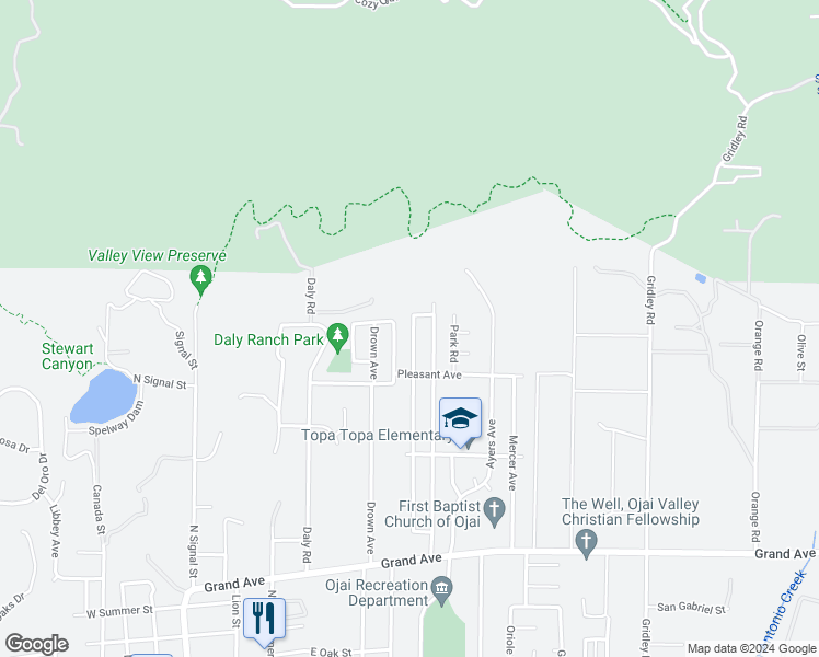 map of restaurants, bars, coffee shops, grocery stores, and more near 1221 Sunset Place in Ojai