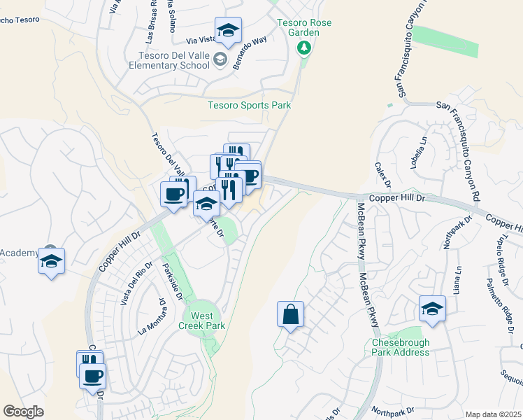 map of restaurants, bars, coffee shops, grocery stores, and more near 28705 Toscana Drive in Santa Clarita