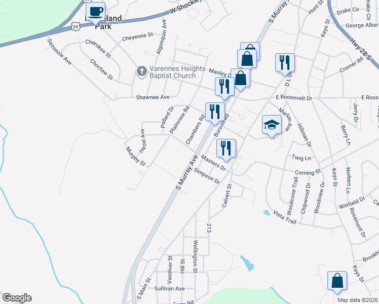 map of restaurants, bars, coffee shops, grocery stores, and more near 304 Simpson Drive in Anderson