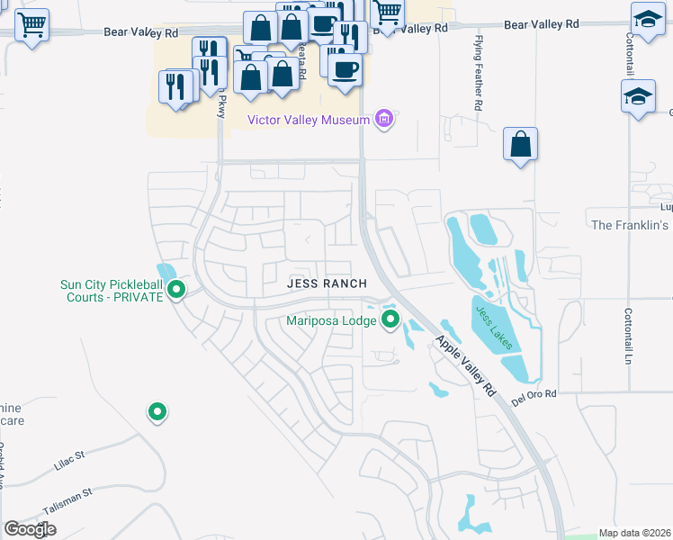 map of restaurants, bars, coffee shops, grocery stores, and more near 19274 Olive Way in Apple Valley