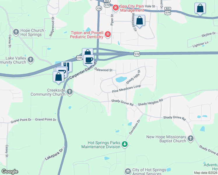 map of restaurants, bars, coffee shops, grocery stores, and more near 105 Pine Meadows Loop in Hot Springs