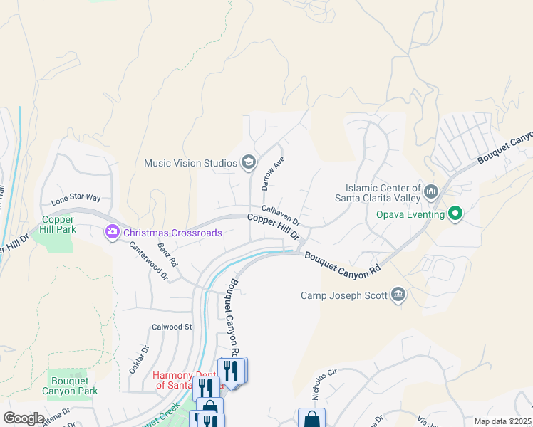 map of restaurants, bars, coffee shops, grocery stores, and more near 20448 Calhaven Drive in Santa Clarita