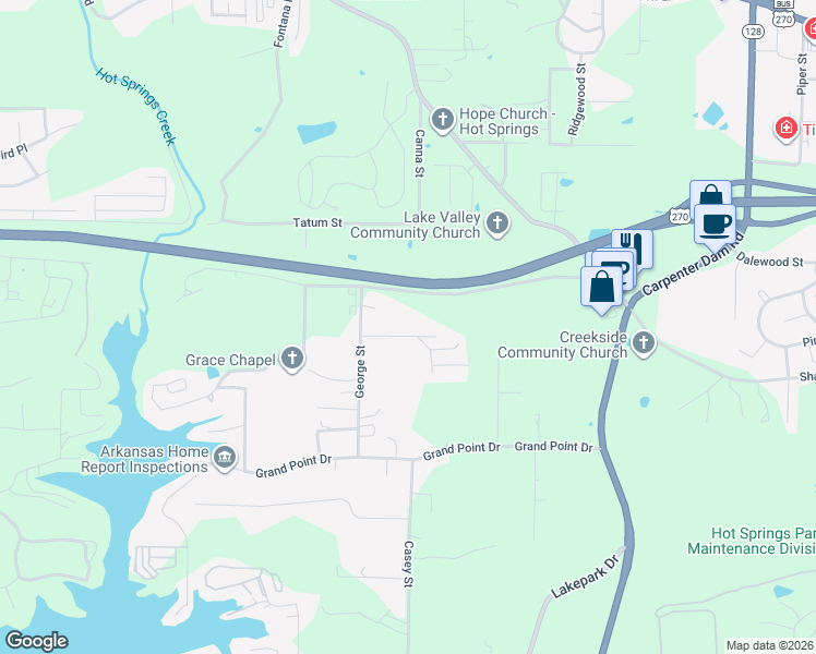 map of restaurants, bars, coffee shops, grocery stores, and more near 130 Dowell Lane in Hot Springs