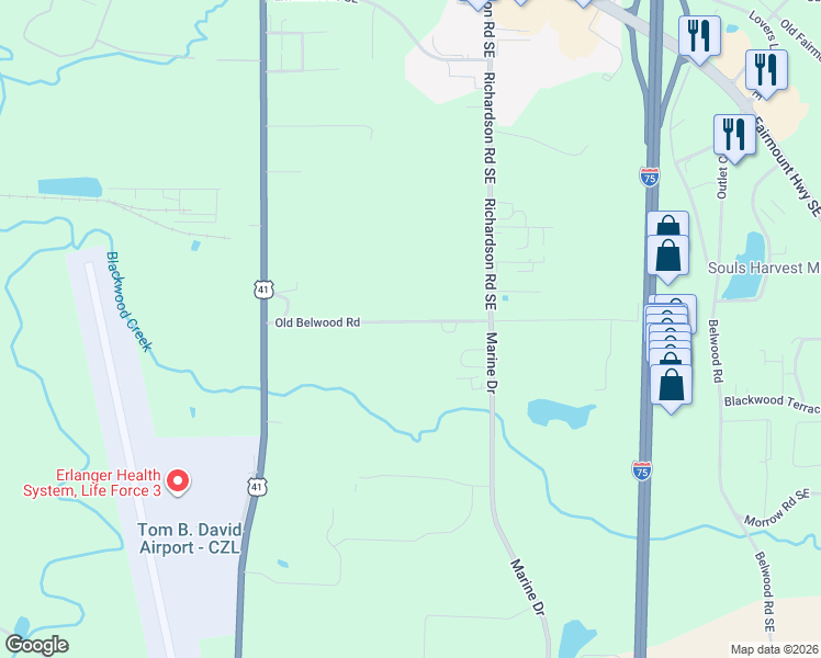 map of restaurants, bars, coffee shops, grocery stores, and more near 257 Old Belwood Road in Calhoun