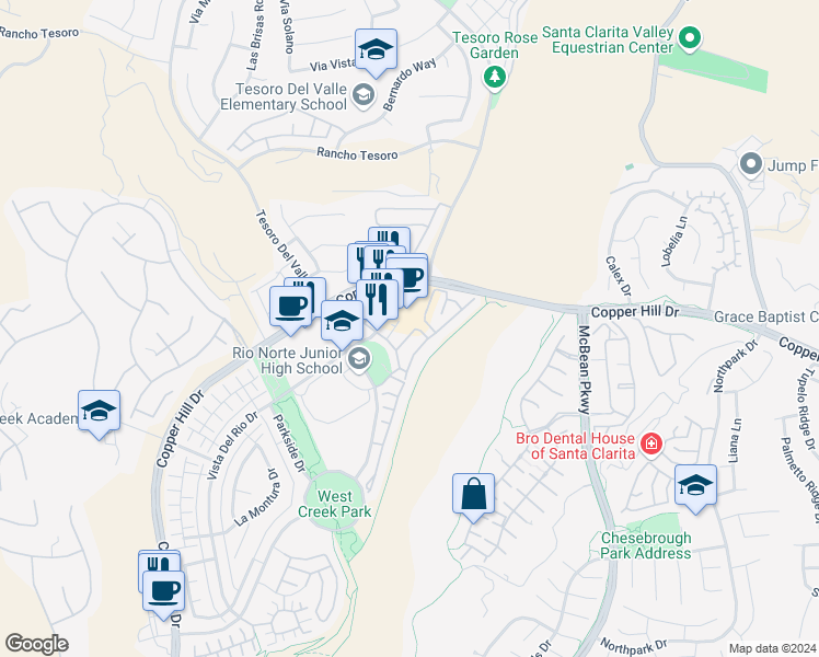 map of restaurants, bars, coffee shops, grocery stores, and more near 23848 Toscana Drive in Santa Clarita