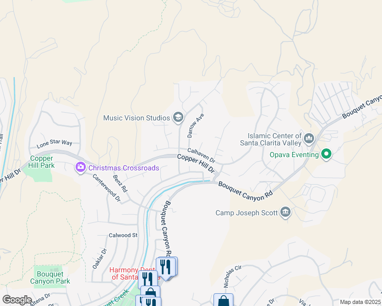 map of restaurants, bars, coffee shops, grocery stores, and more near 20448 Calhaven Drive in Santa Clarita