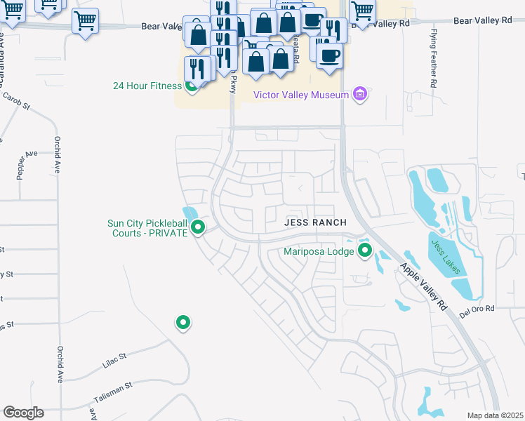 map of restaurants, bars, coffee shops, grocery stores, and more near 11549 Park Lane in Apple Valley