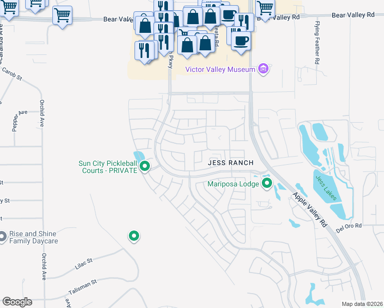 map of restaurants, bars, coffee shops, grocery stores, and more near 11580 Mountain Meadow Drive in Apple Valley