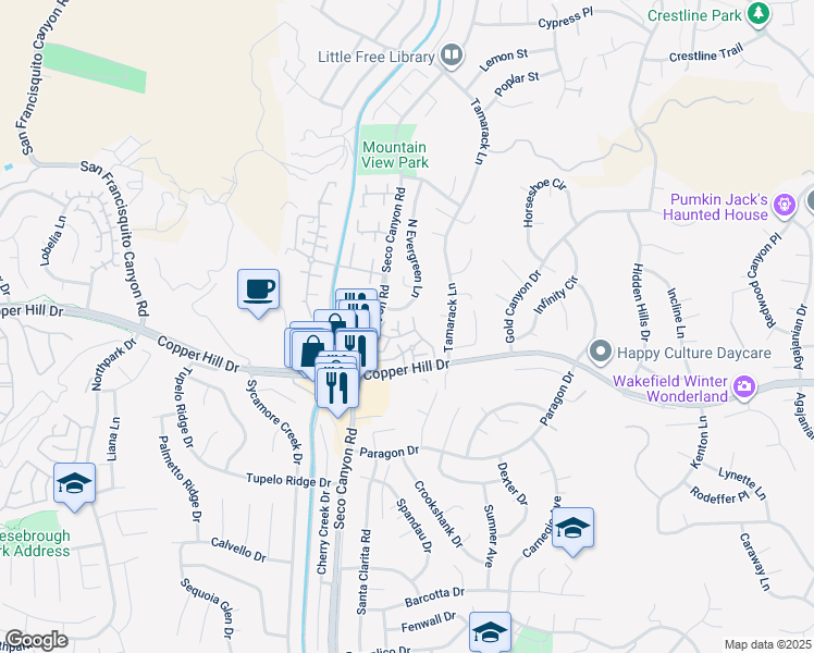 map of restaurants, bars, coffee shops, grocery stores, and more near 28134 Seco Canyon Road in Santa Clarita