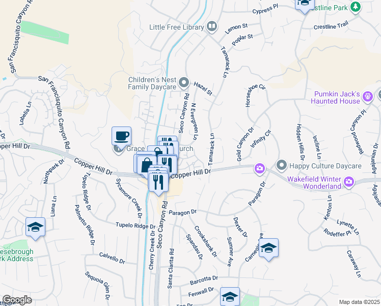 map of restaurants, bars, coffee shops, grocery stores, and more near 28134 Seco Canyon Road in Santa Clarita