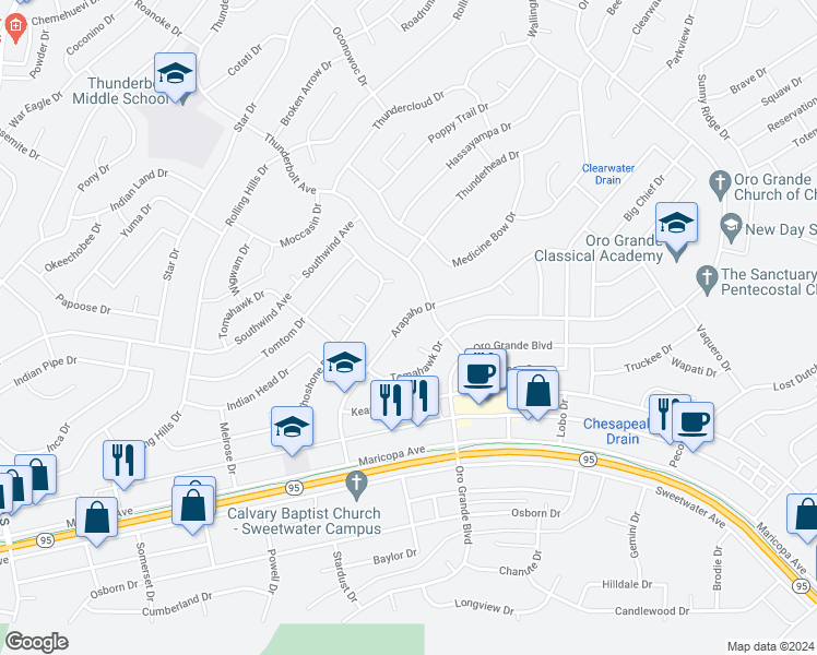 map of restaurants, bars, coffee shops, grocery stores, and more near 3210 Arapaho Drive in Lake Havasu City