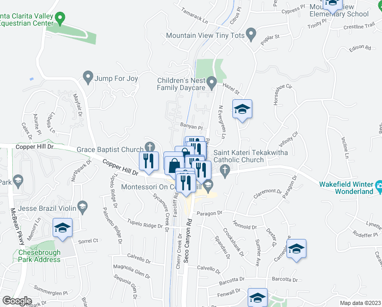 map of restaurants, bars, coffee shops, grocery stores, and more near 28016 Seco Canyon Road in Santa Clarita