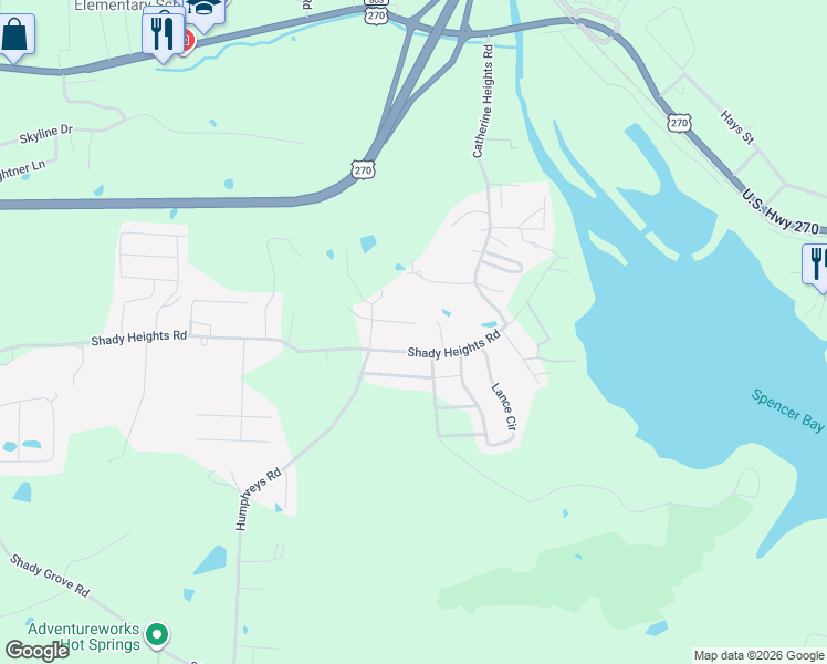 map of restaurants, bars, coffee shops, grocery stores, and more near 103 Wilson Lake Lane in Garland County