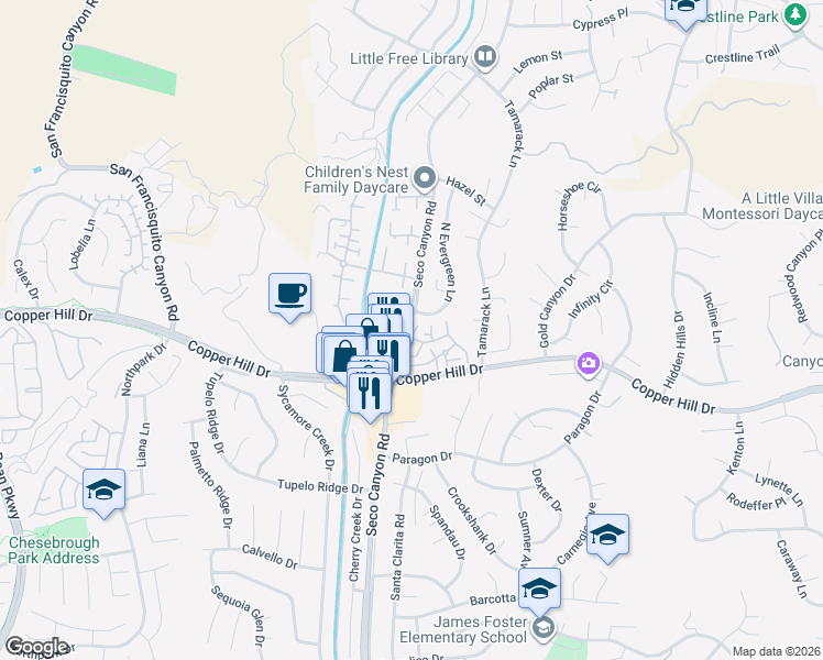 map of restaurants, bars, coffee shops, grocery stores, and more near 28146 Seco Canyon Road in Santa Clarita