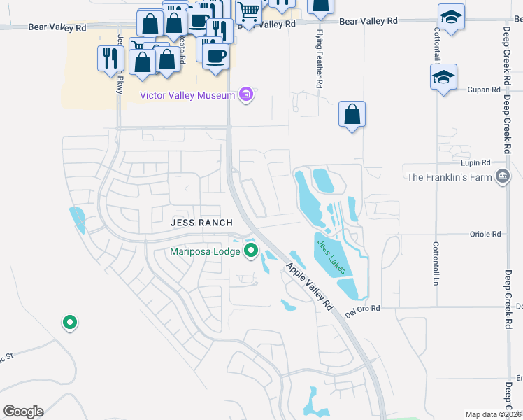 map of restaurants, bars, coffee shops, grocery stores, and more near 11574 Ridgemark Road in Apple Valley
