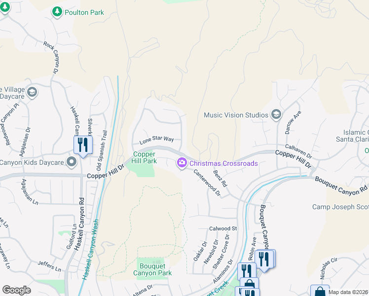 map of restaurants, bars, coffee shops, grocery stores, and more near 28514 High Ridge Drive in Santa Clarita