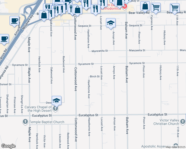 map of restaurants, bars, coffee shops, grocery stores, and more near 15032 Birch Street in Hesperia