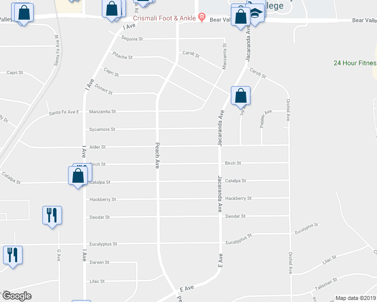 map of restaurants, bars, coffee shops, grocery stores, and more near 18105 Alder Street in Hesperia