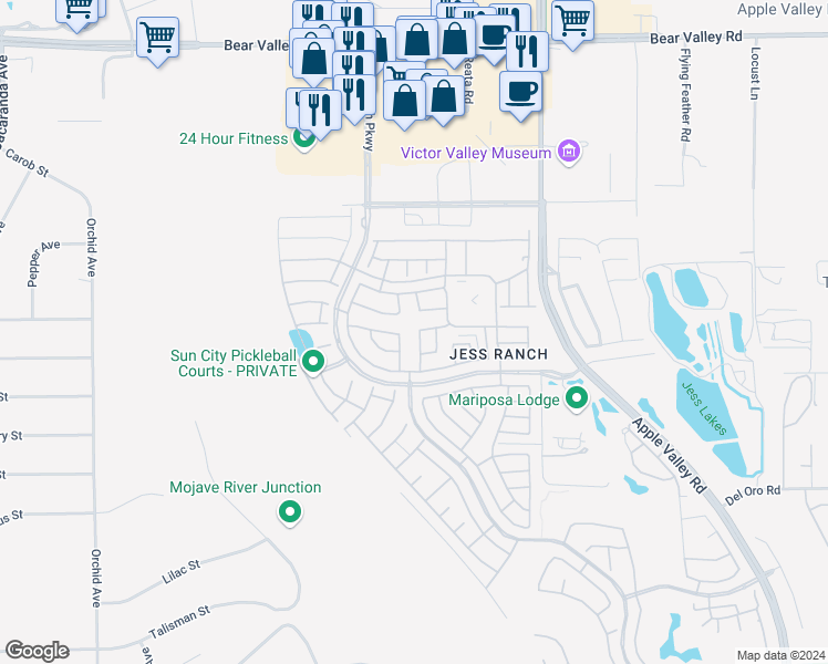map of restaurants, bars, coffee shops, grocery stores, and more near 11586 Mountain Meadow Drive in Apple Valley