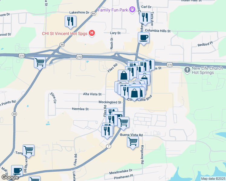 map of restaurants, bars, coffee shops, grocery stores, and more near 3812 Central Avenue in Hot Springs
