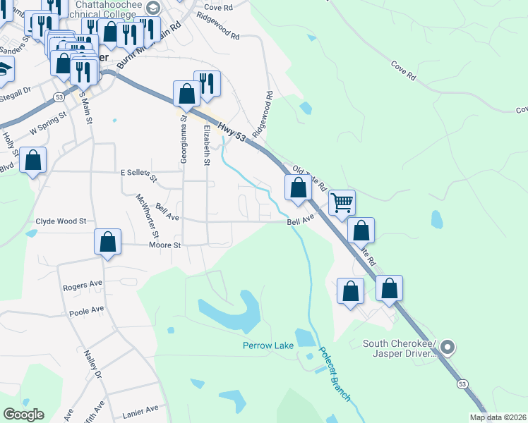 map of restaurants, bars, coffee shops, grocery stores, and more near 22 Sandstone Drive in Jasper