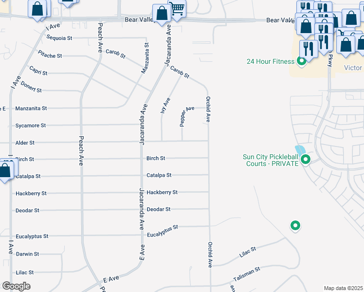 map of restaurants, bars, coffee shops, grocery stores, and more near 11628 Pepper Avenue in Hesperia