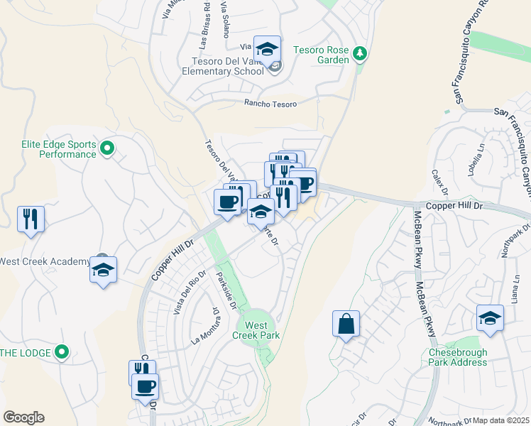 map of restaurants, bars, coffee shops, grocery stores, and more near Camino Del Cielo Drive in Santa Clarita