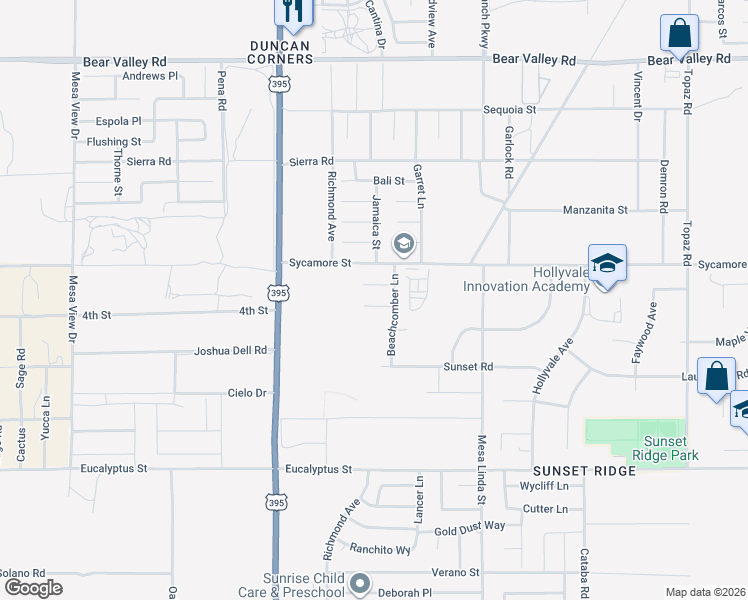 map of restaurants, bars, coffee shops, grocery stores, and more near 12286 Malahini Place in Victorville
