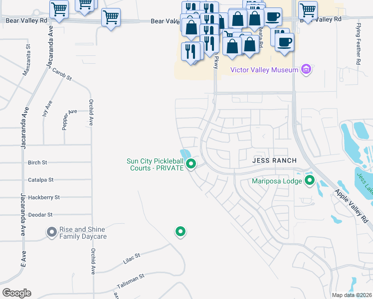 map of restaurants, bars, coffee shops, grocery stores, and more near 18877 Indigo St. in Apple Valley