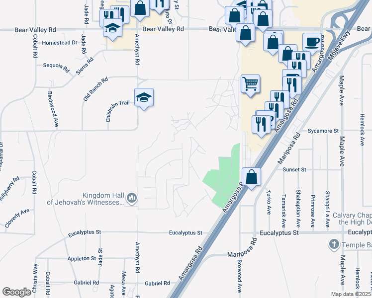 map of restaurants, bars, coffee shops, grocery stores, and more near 11625 Halter Street in Victorville