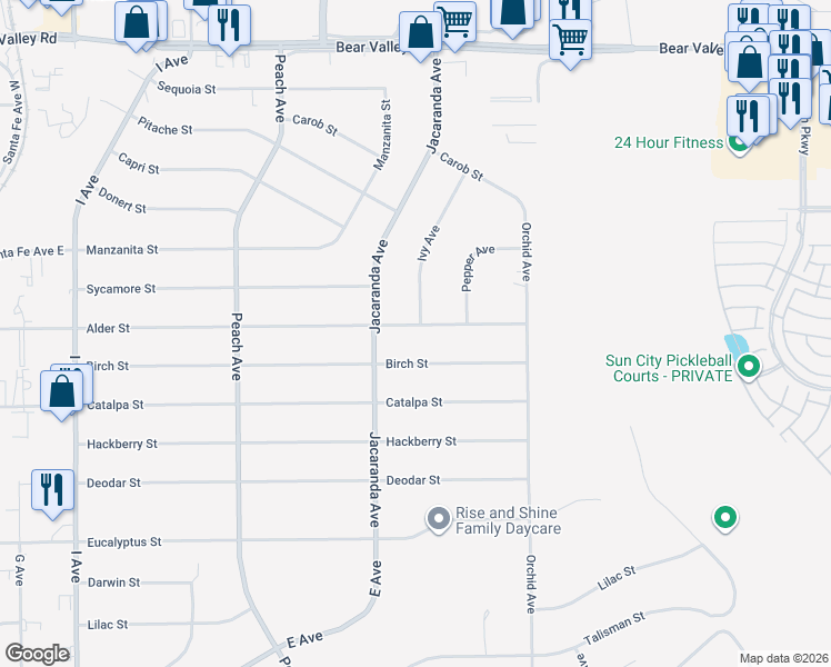 map of restaurants, bars, coffee shops, grocery stores, and more near 18299 Alder Street in Hesperia