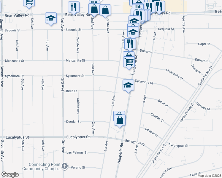 map of restaurants, bars, coffee shops, grocery stores, and more near 16812 Birch Street in Hesperia