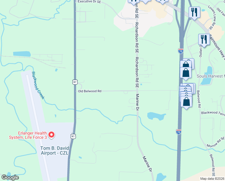 map of restaurants, bars, coffee shops, grocery stores, and more near 257 Old Belwood Road in Calhoun