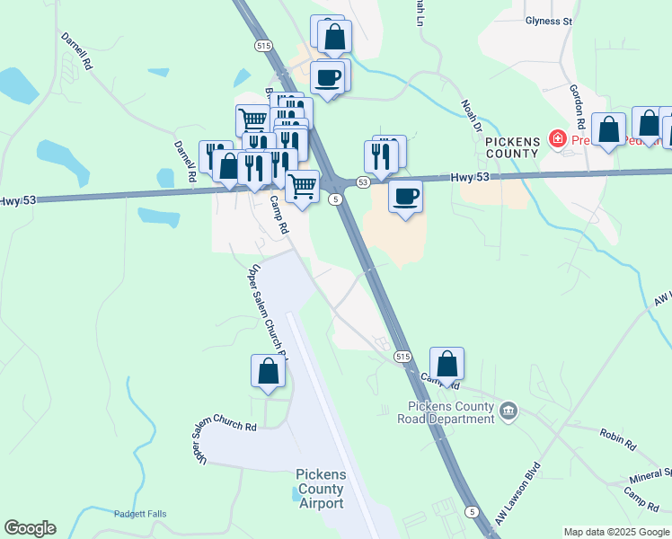 map of restaurants, bars, coffee shops, grocery stores, and more near 3808 Camp Road in Jasper
