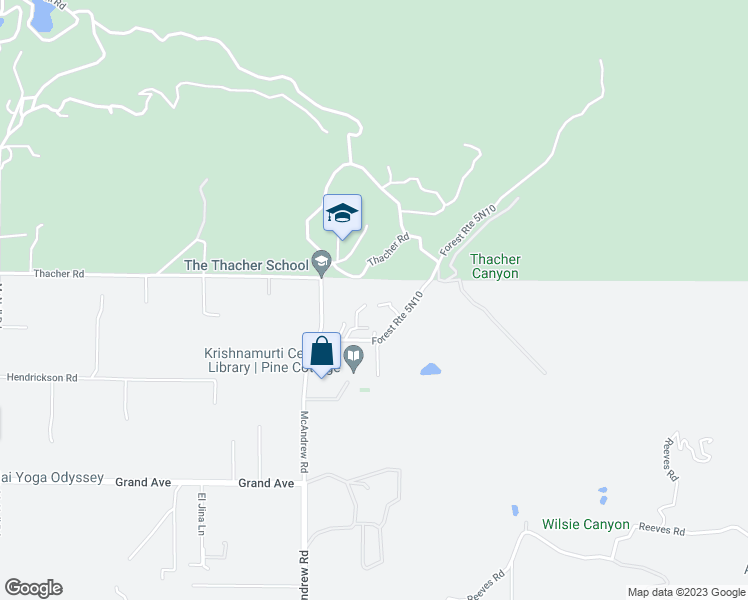 map of restaurants, bars, coffee shops, grocery stores, and more near 1450 McAndrew Road in Ojai