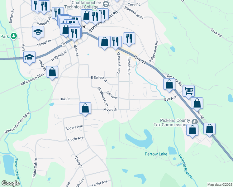 map of restaurants, bars, coffee shops, grocery stores, and more near 336 Georgianna Street in Jasper