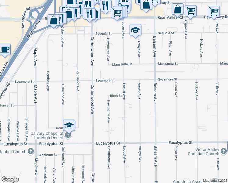 map of restaurants, bars, coffee shops, grocery stores, and more near 15032 Birch Street in Hesperia