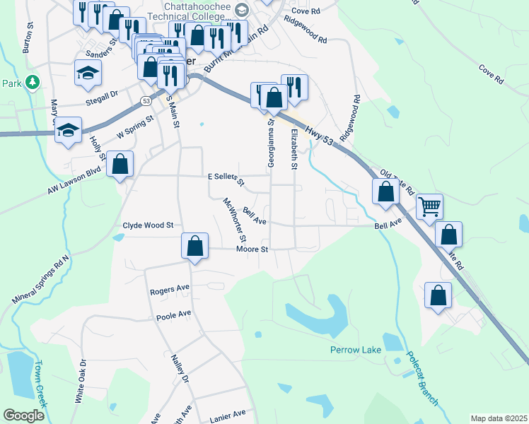 map of restaurants, bars, coffee shops, grocery stores, and more near 336 Georgianna Street in Jasper