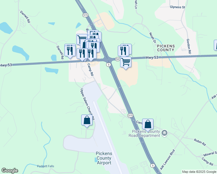 map of restaurants, bars, coffee shops, grocery stores, and more near 3808 Camp Road in Jasper