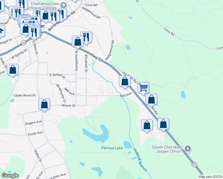 map of restaurants, bars, coffee shops, grocery stores, and more near 22 Sandstone Drive in Jasper